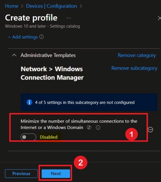 Searching for and adding the Minimize Simultaneous Connections policy setting